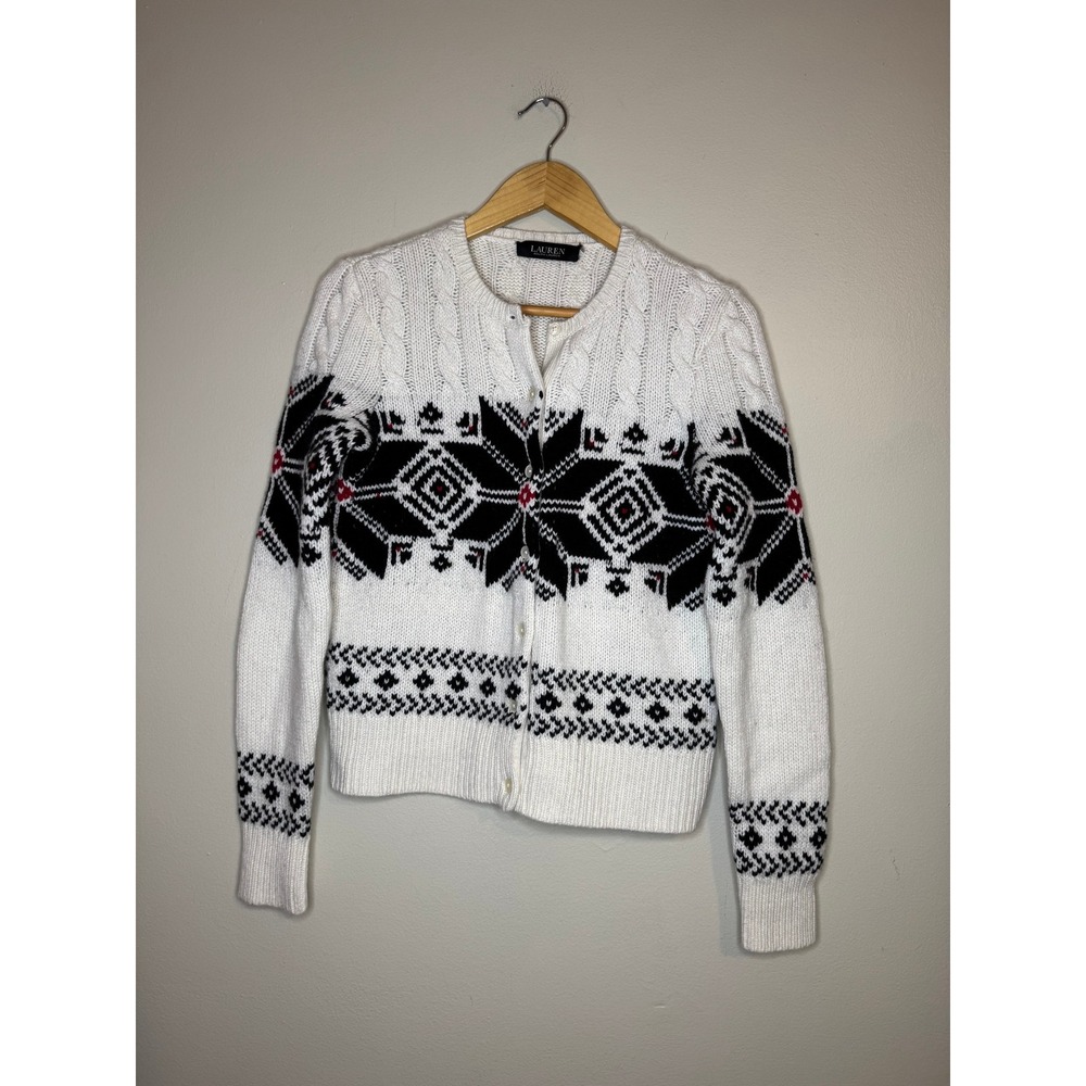 Lauren Ralph Lauren Wool Blend Fair Isle Cable Knit Cardigan Sweater White Black